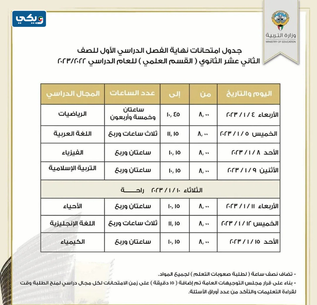 جدول امتحانات الثانوية العامة للصف الثاني عشر الثانوي