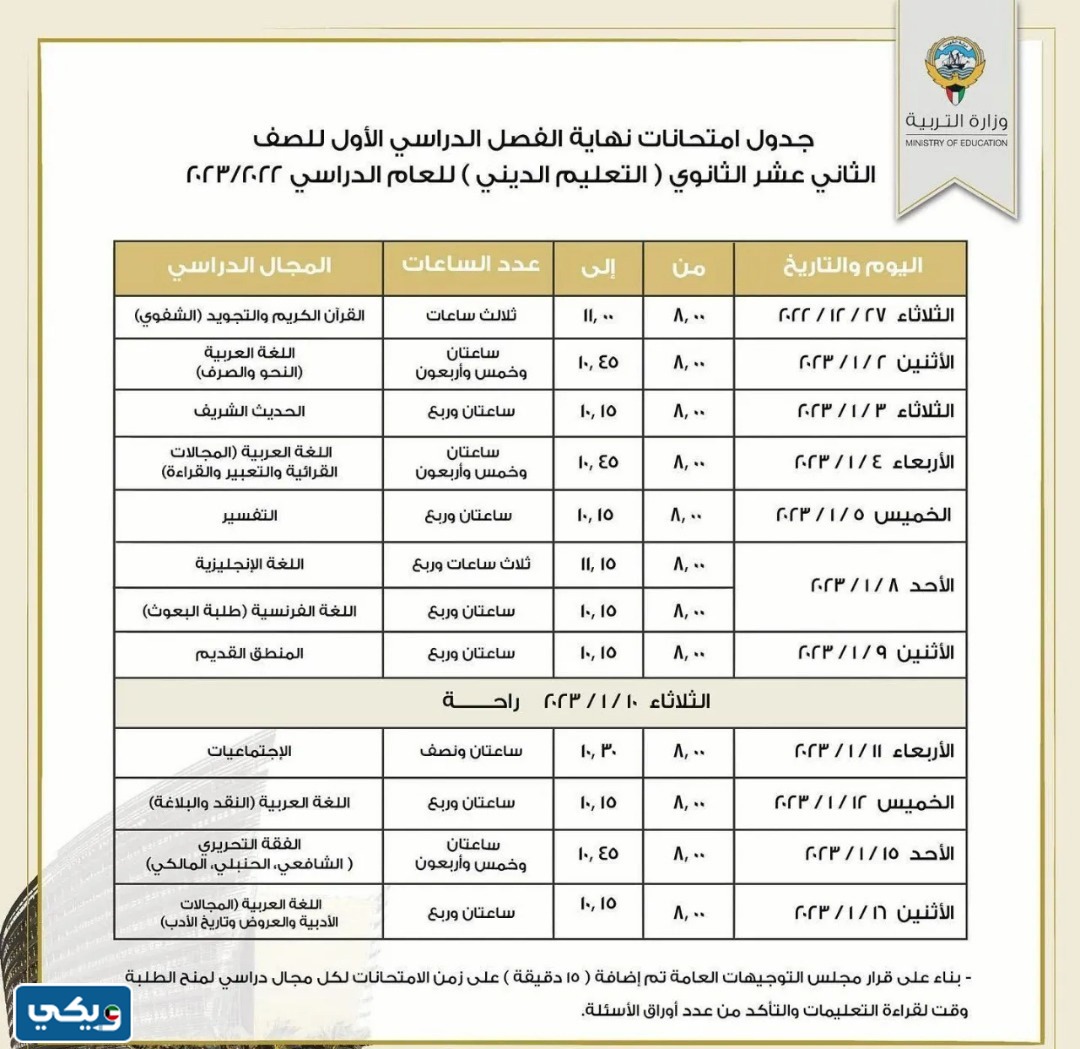 جدول امتحانات الثانوية العامة للصف الثاني عشر الثانوي