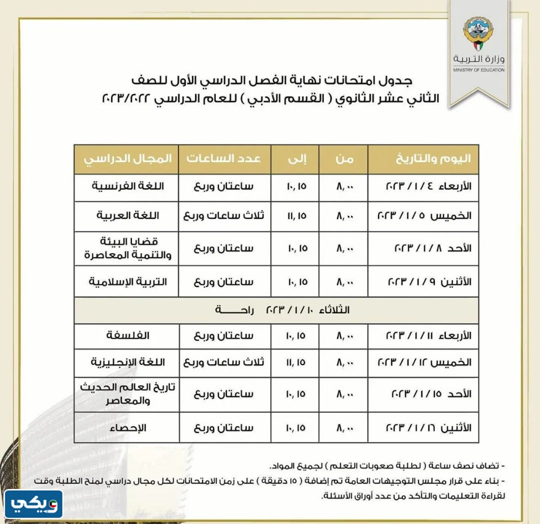 جدول امتحانات الثانوية العامة للصف الثاني عشر الثانوي