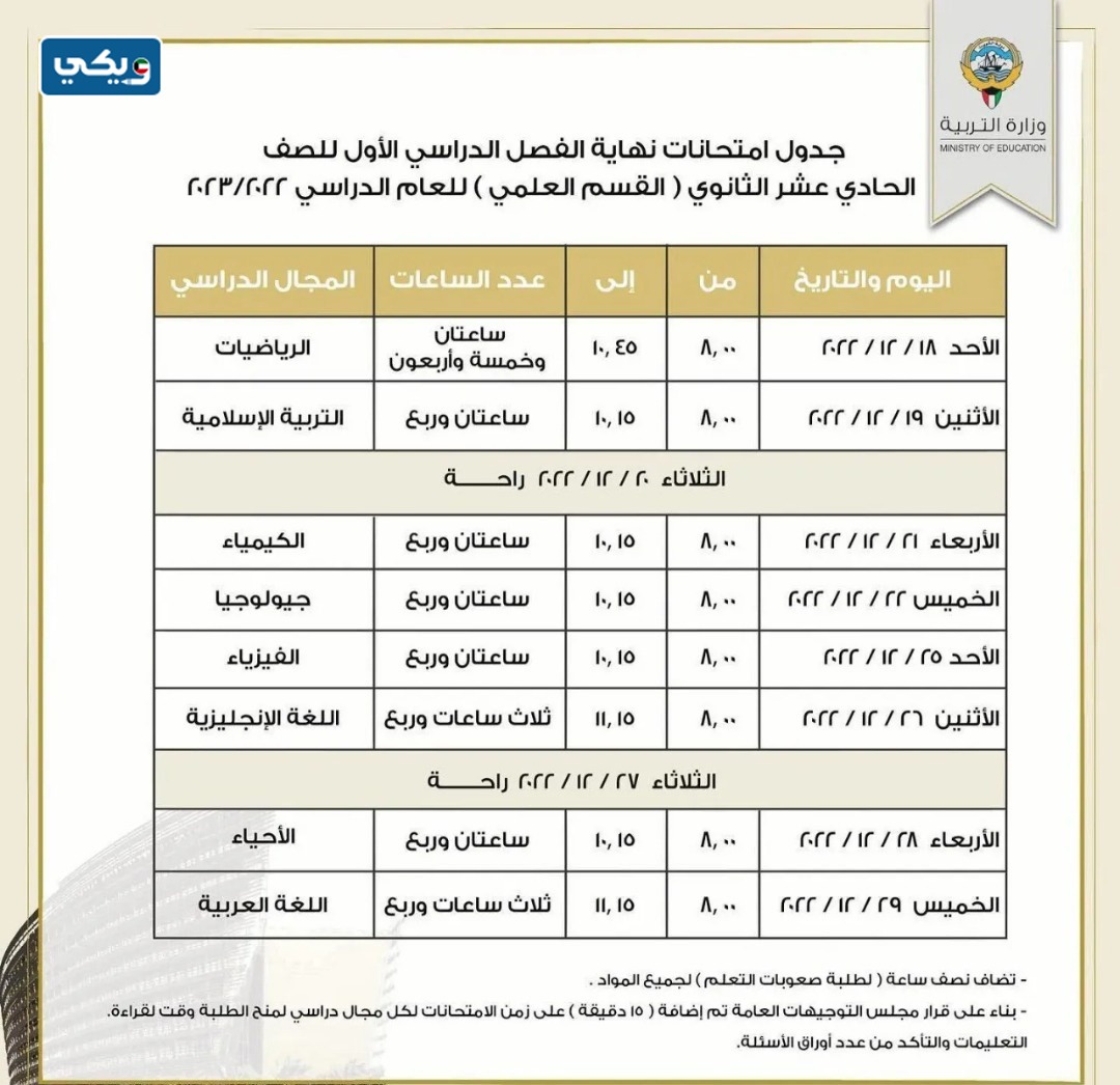 جدول امتحانات الثانوية العامة للصف الحادي عشر الثانوي