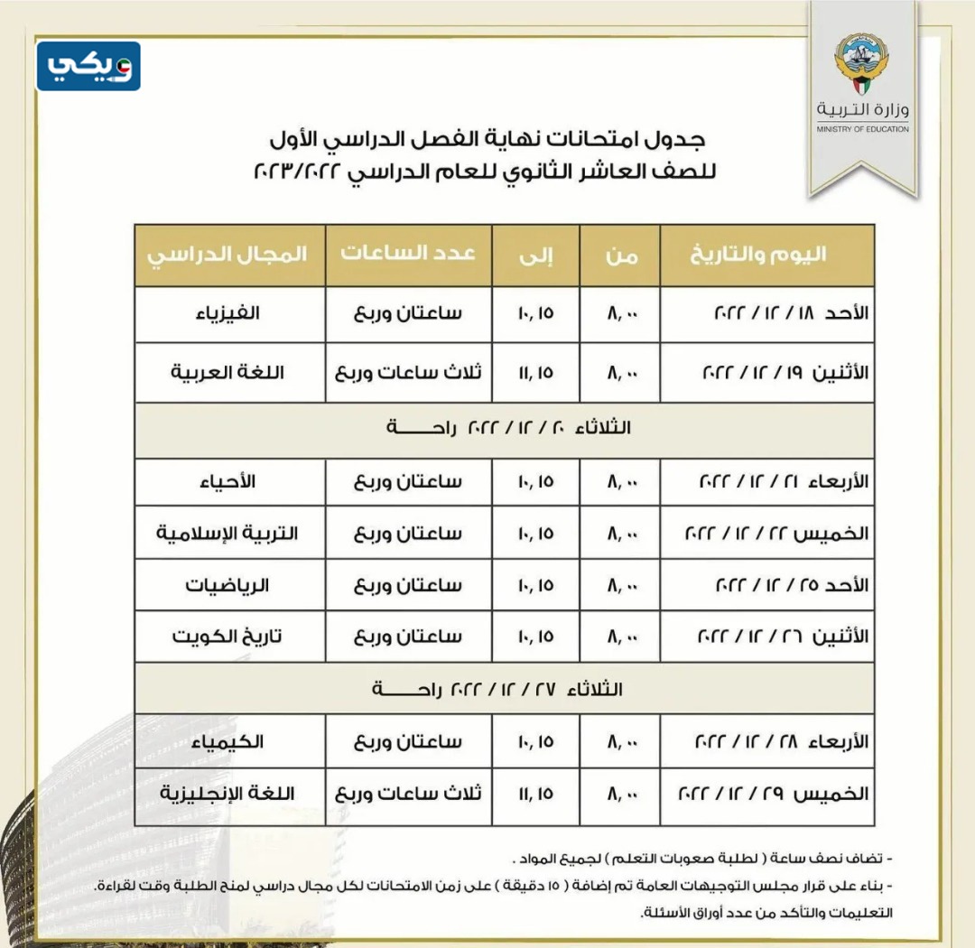 جدول امتحانات الثانوية العامة للصف العاشر الثانوي