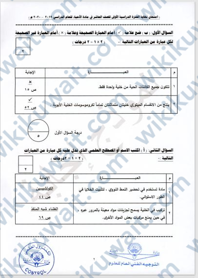 نماذج امتحانات احياء للصف العاشر الفصل الاول