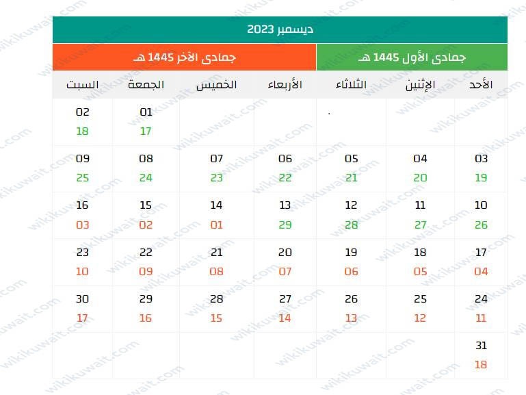 رزنامه هجريه وميلاديه 2023 بتوقيت الكويت