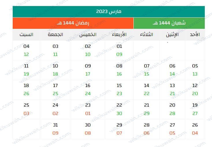 رزنامه هجريه وميلاديه 2023 بتوقيت الكويت