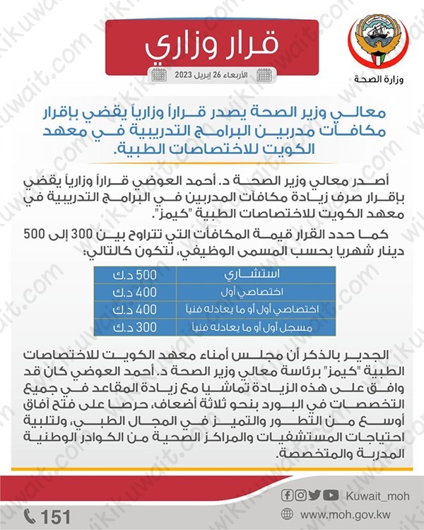 مكافات مدربي البرامج التدريبية في معهد الكويت للاختصاصات الطبية 2023