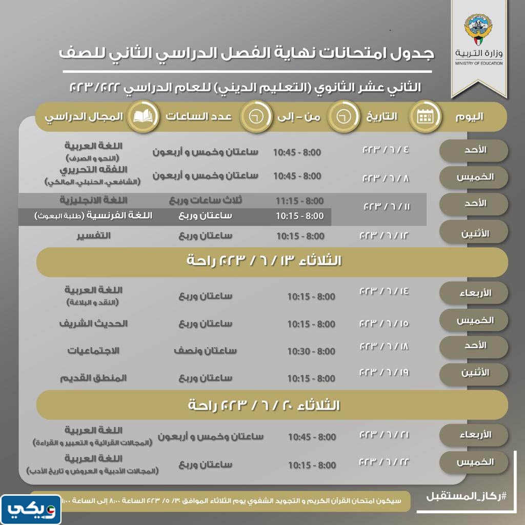 جدول امتحانات الثانوية 2023 الكويت الفصل الثاني الصف الثاني العاشر القسم الديني