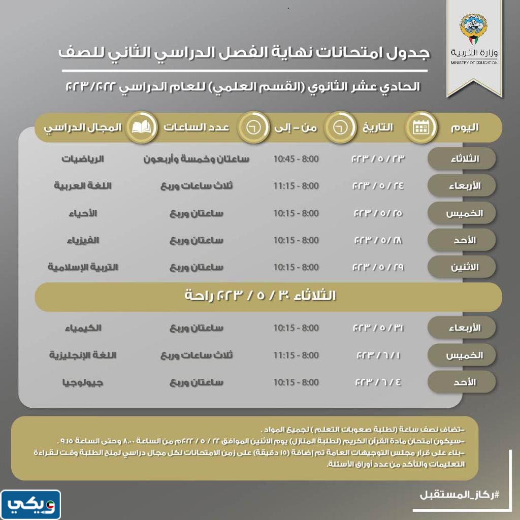 جدول امتحانات الثانوية 2023 الكويت الفصل الثاني بعد التعديل الحادي العاشر العلمي