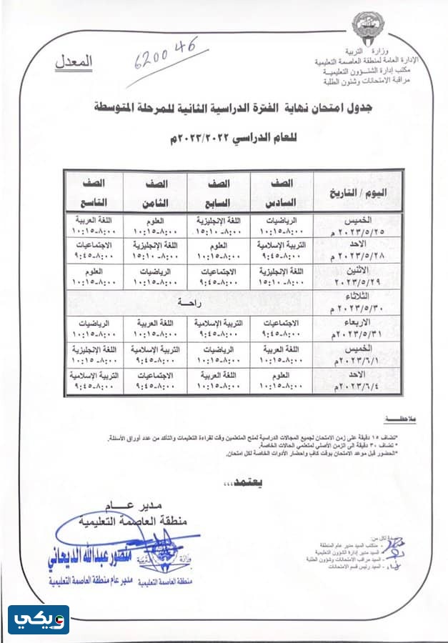 جدول امتحانات المتوسط 2023 الكويت الفصل الثاني العاصمة