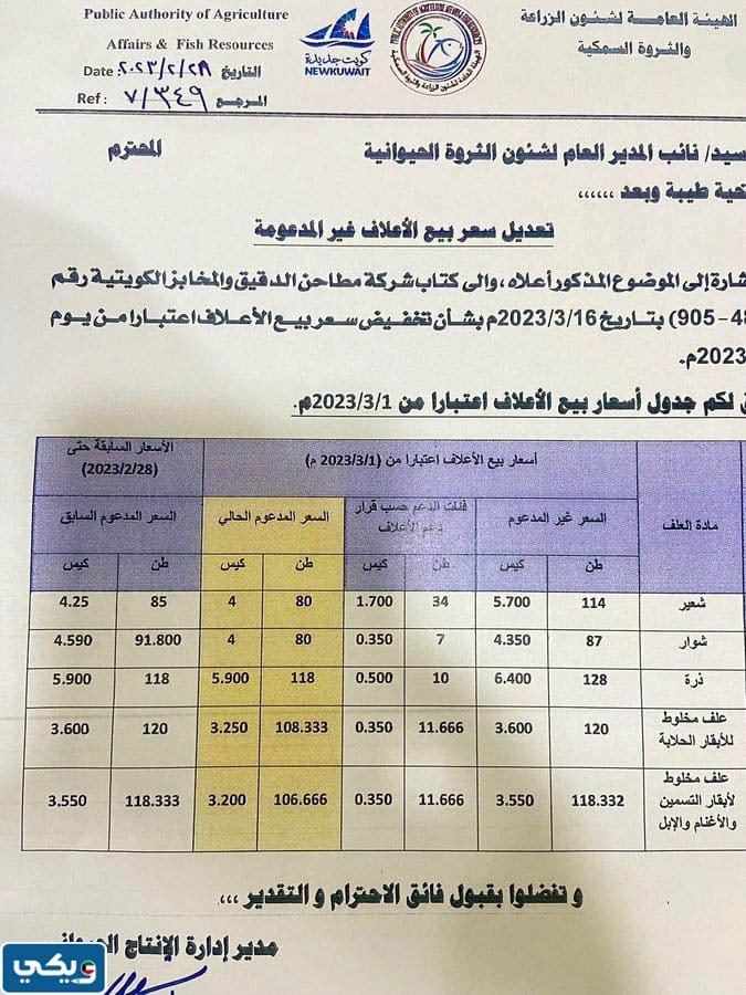 جدول اسعار بيع الاعلاف المدعومة في الكويت 2023