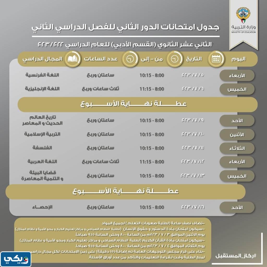 جدول اختبارات الدور الثاني 2023 الصف الثاني عشر الأدبي