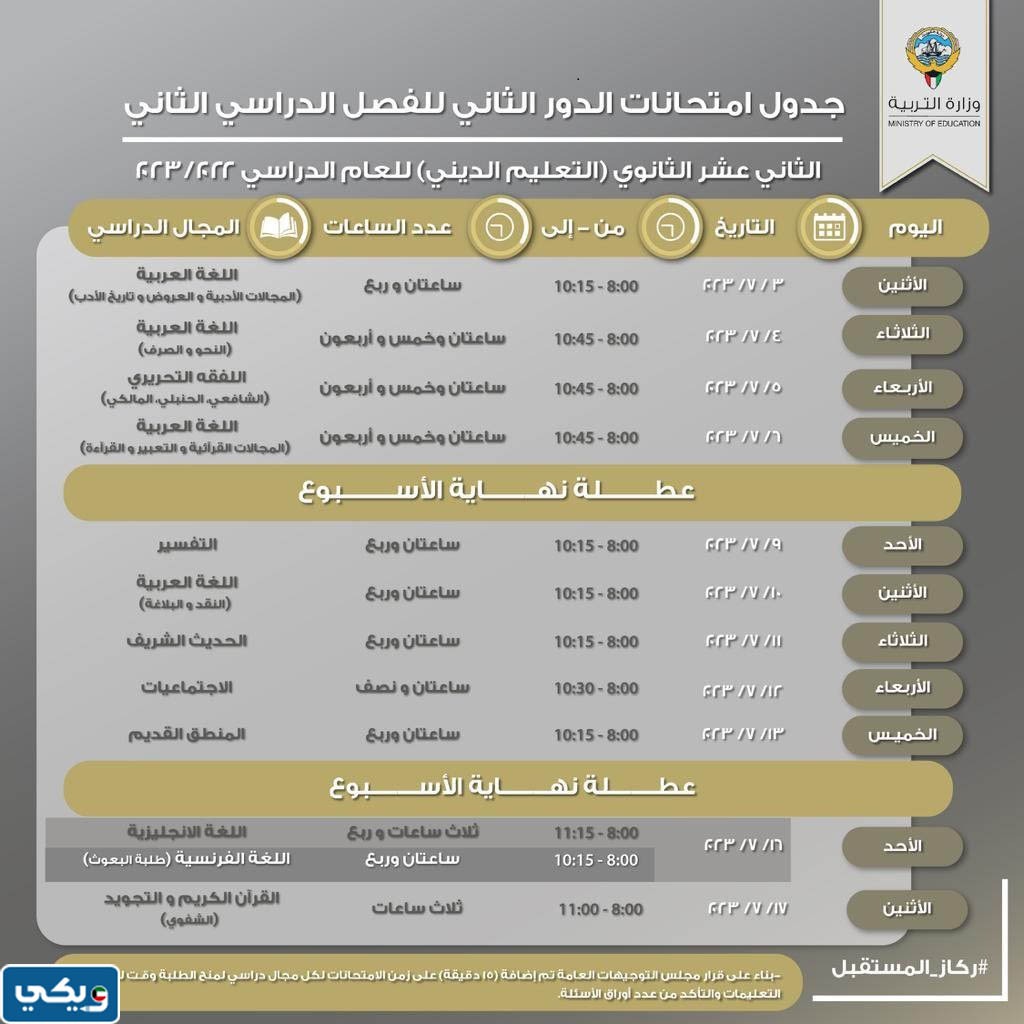 جدول اختبارات الدور الثاني 2023 الصف الثاني عشر التعليم الديني