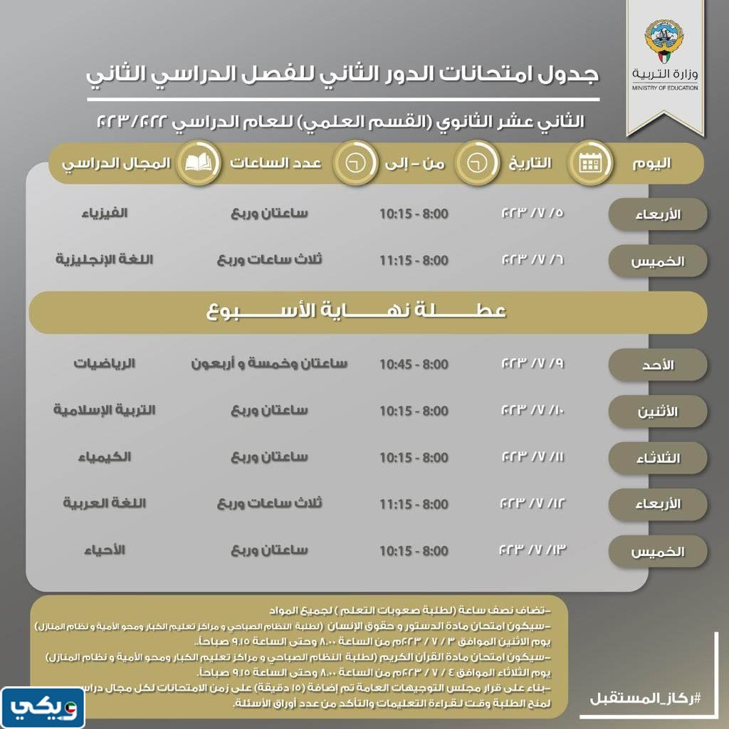 جدول اختبارات الدور الثاني 2023 الصف الثاني عشر العلمي