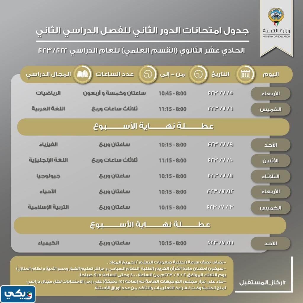 جدول اختبارات الدور الثاني 2023 الصف الحادي عشر العلمي