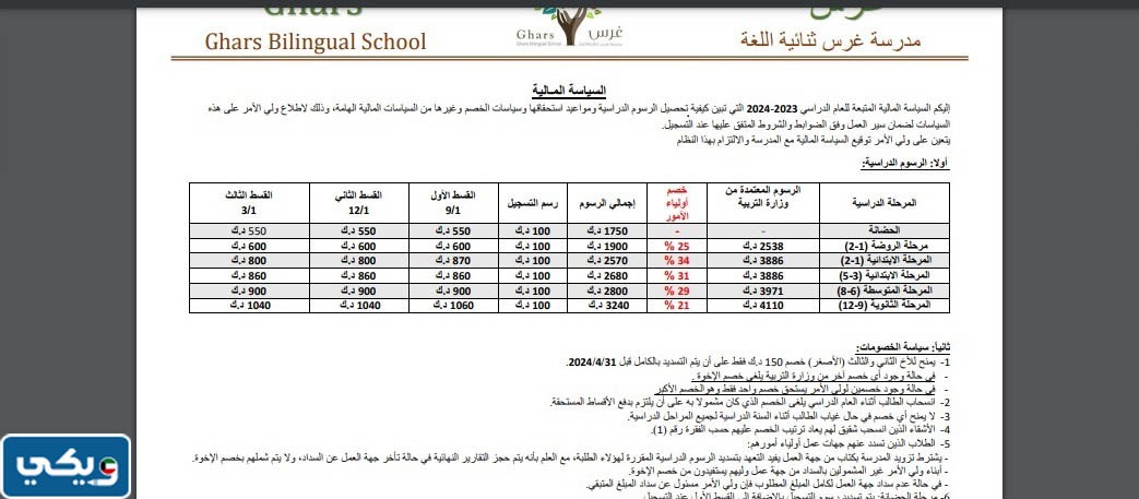 مصاريف مدرسة غرس ثنائية اللغة الكويت 2023/2024