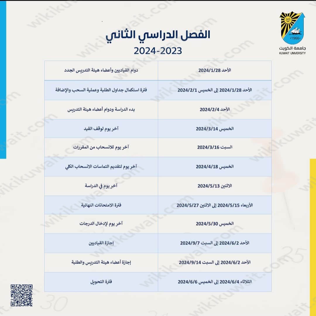 التقويم الدراسي جامعة الكويت 2023 / 2024