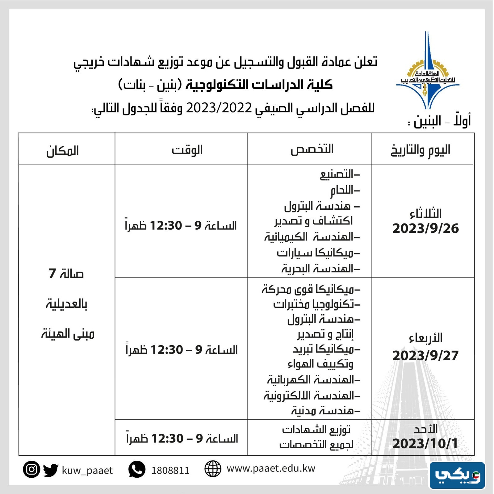 موعد توزيع شهادات الفصل الصيفي في كلية الدراسات التكنولوجية