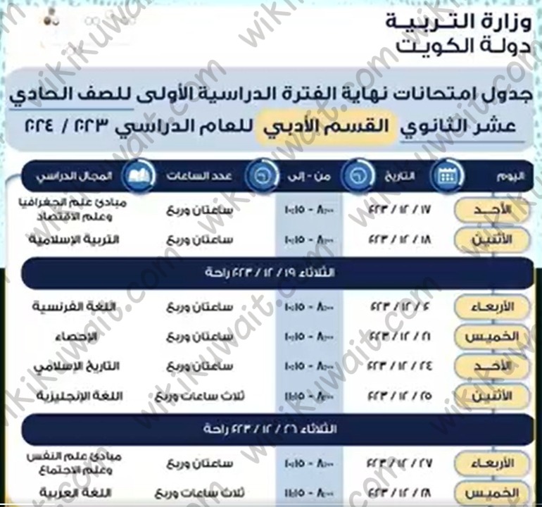 جدول امتحانات الفترة الدراسية الاولى الحادي عشر الادبي