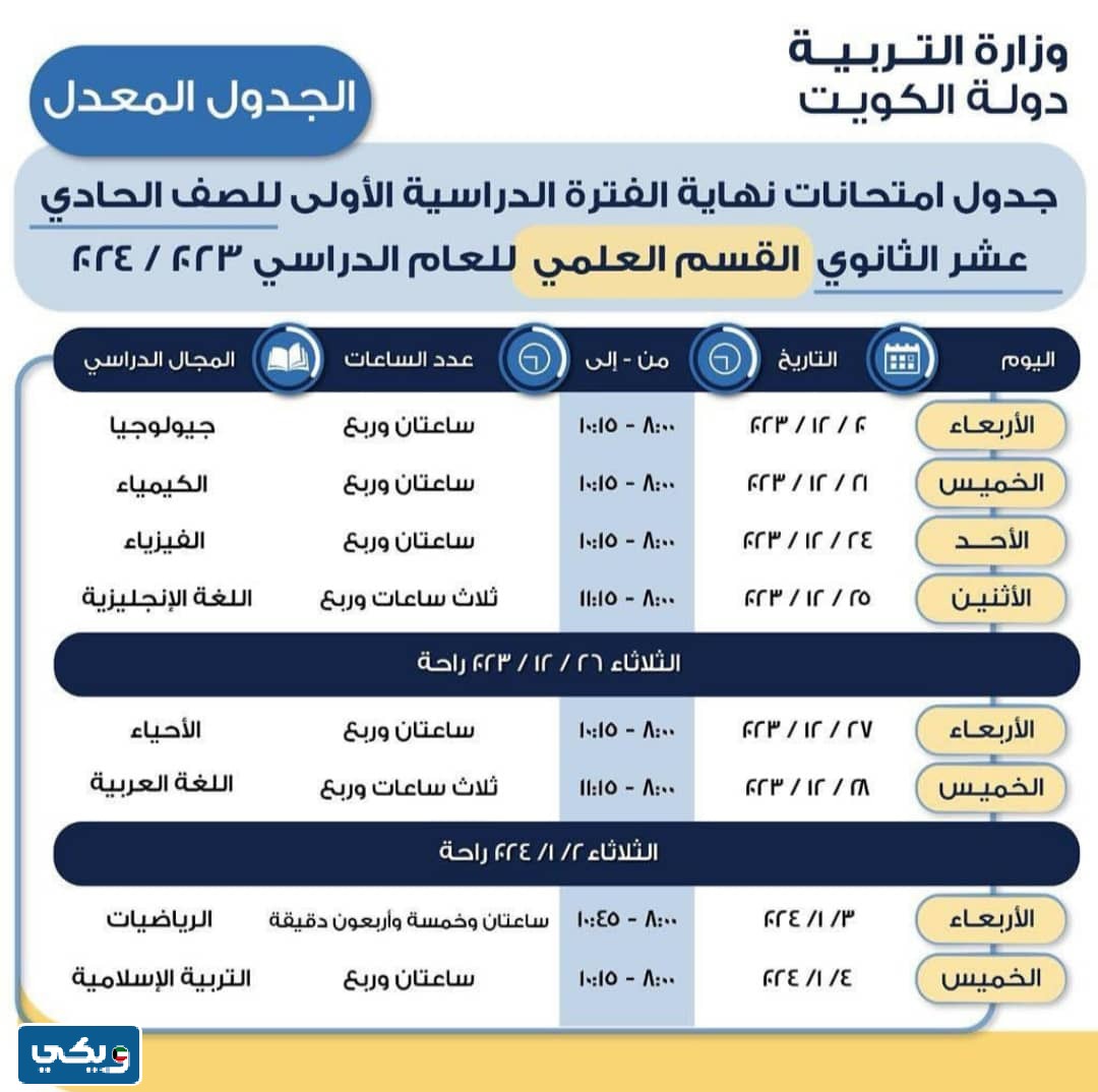 جدول اختبارات الحادي عشر علمي 2023 - 2024 الفصل الاول المعدل
