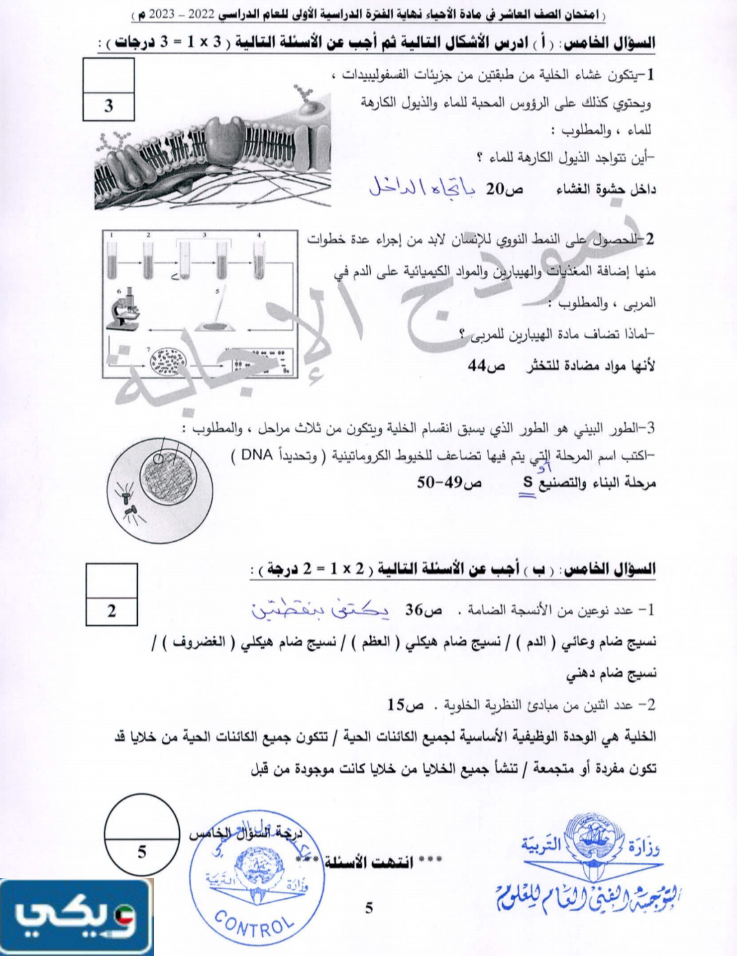 نموذج اختبار احياء عاشر الفصل الاول 2024 الكويت