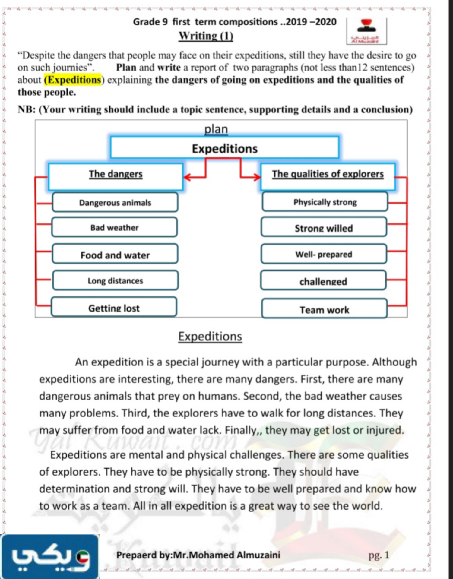 مواضيع تعبير انجليزي للصف التاسع الفصل الأول 2023 - 2024 الكويت