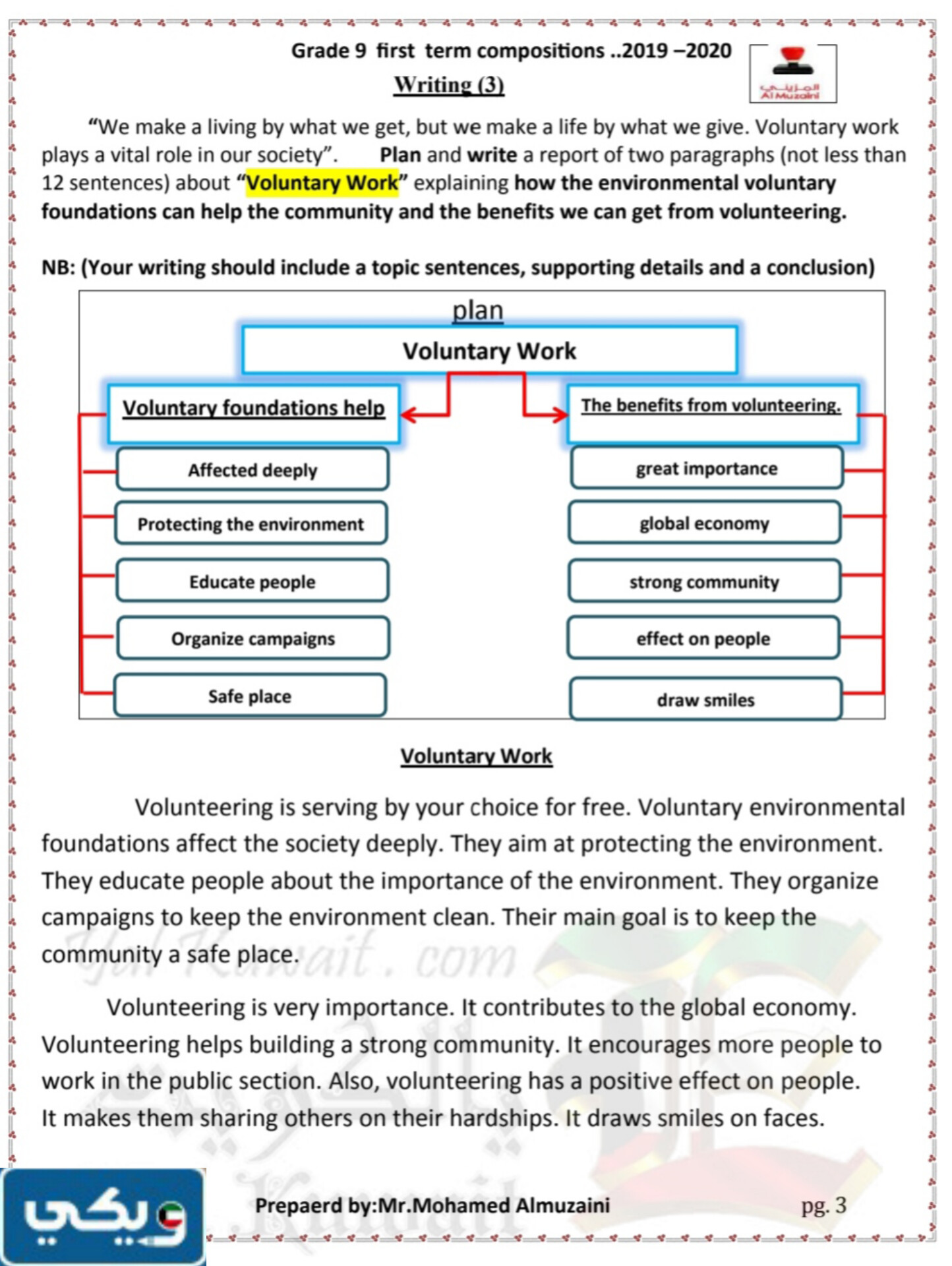 مواضيع تعبير انجليزي للصف التاسع الفصل الأول 2023 - 2024 الكويت