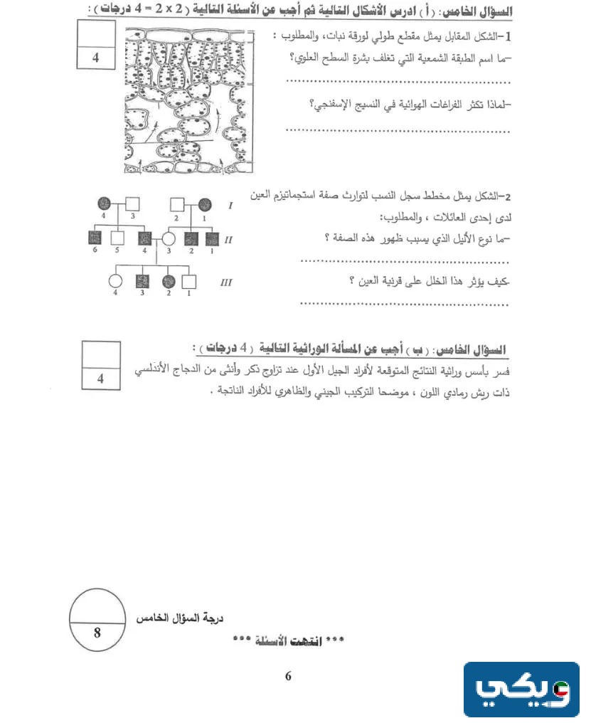نموذج اجابة اختبار الأحياء للصف الحادي عشر 2023 - 2024 الكويت