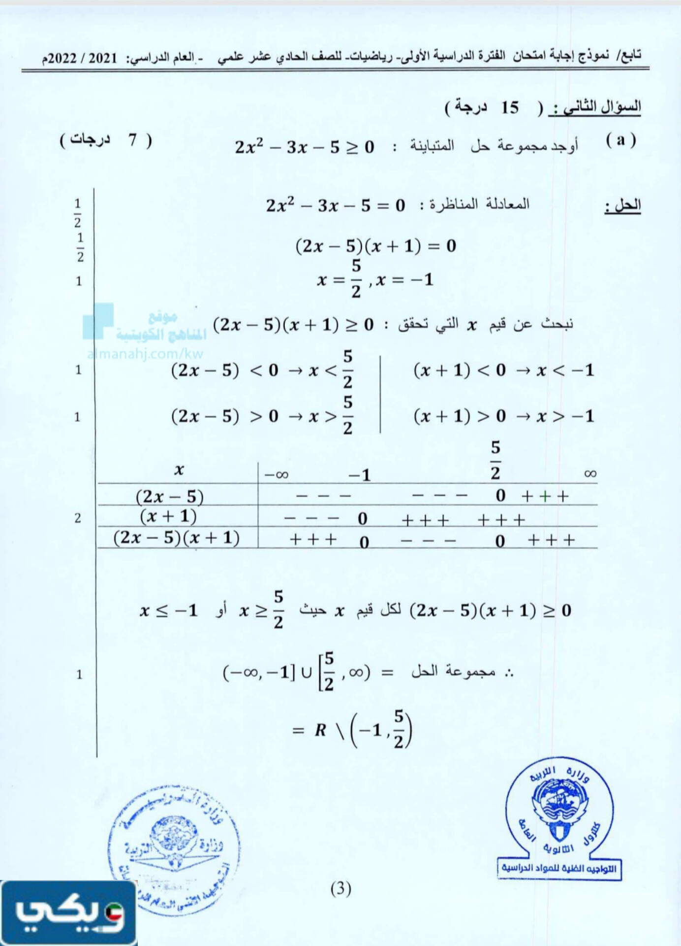 نموذج إجابة امتحان الرياضيات للصف الحادي عشر 2023 - 2024 الكويت