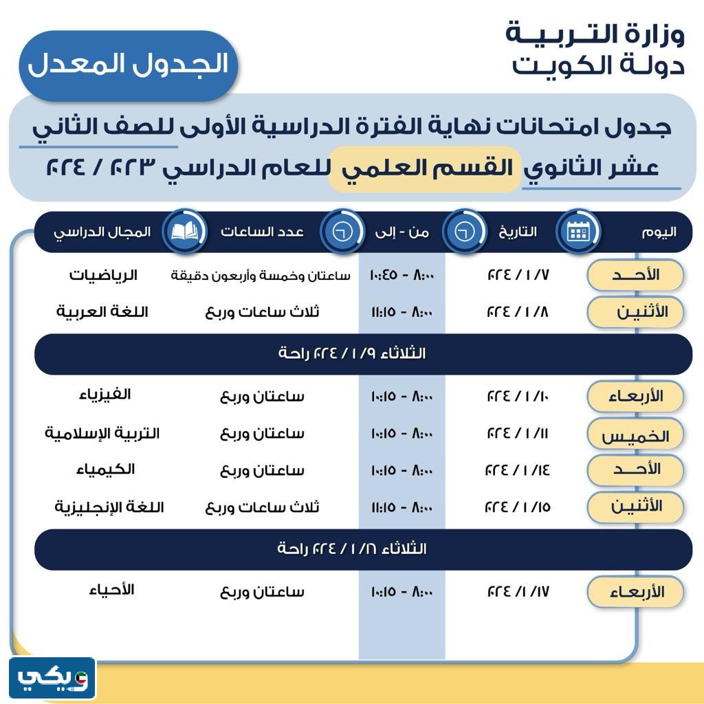 جدول اختبارات الثاني عشر علمي الفصل الاول 2024 الكويت