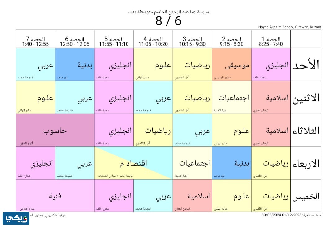 جدول حصص هيا الجاسم المتوسطة للبنات الصف الثامن