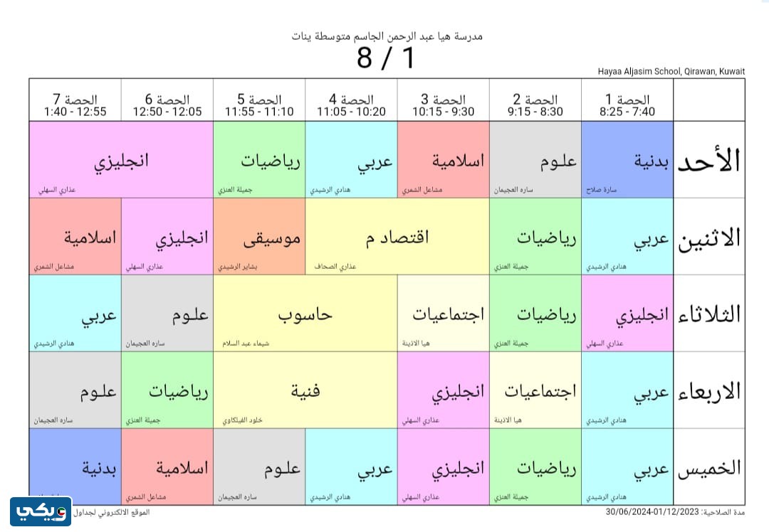 جدول حصص هيا الجاسم المتوسطة للبنات الصف الثامن