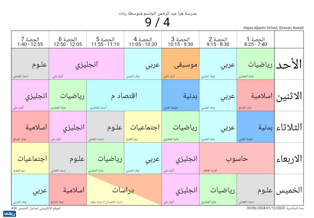 جدول حصص هيا الجاسم المتوسطة للبنات الصف التاسع
