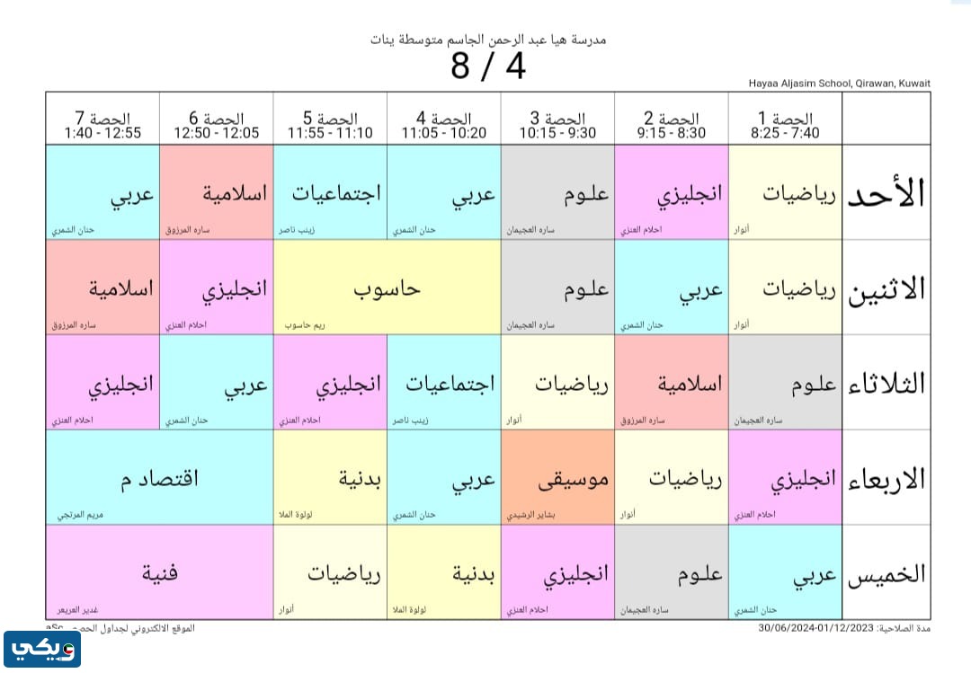 جدول حصص هيا الجاسم المتوسطة للبنات الصف الثامن
