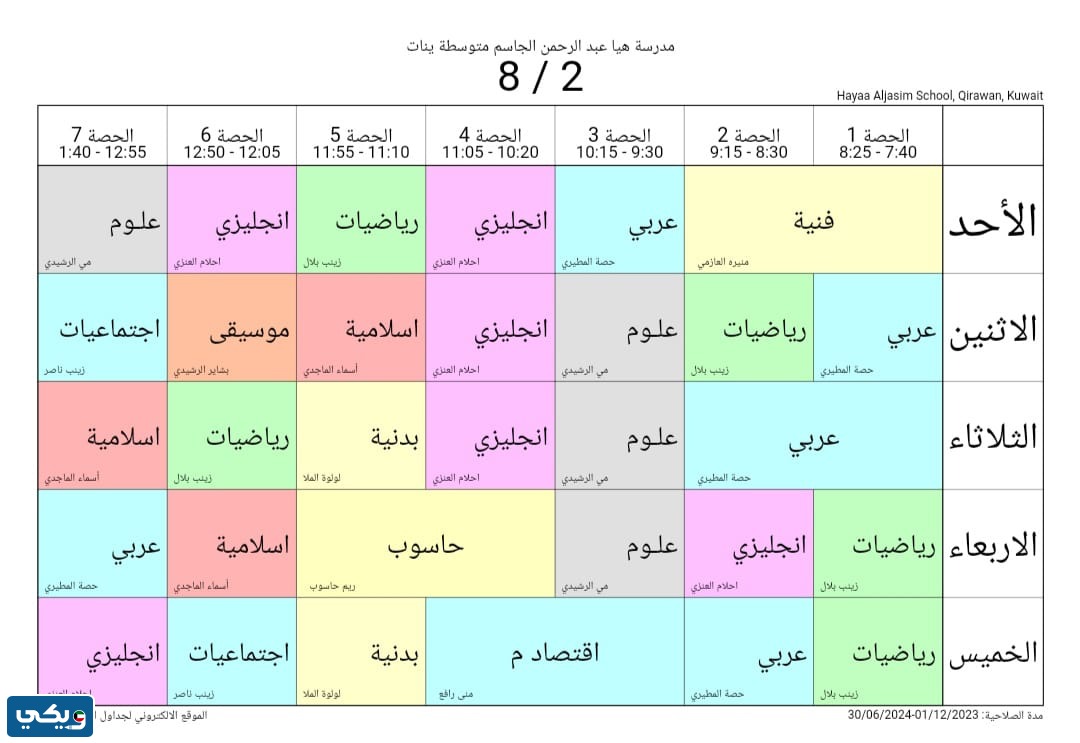 جدول حصص هيا الجاسم المتوسطة للبنات الصف الثامن