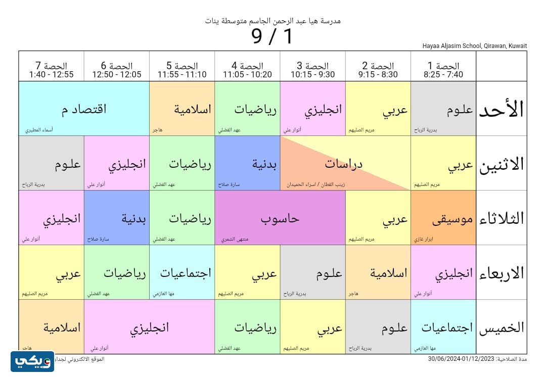 جدول حصص هيا الجاسم المتوسطة للبنات الصف التاسع