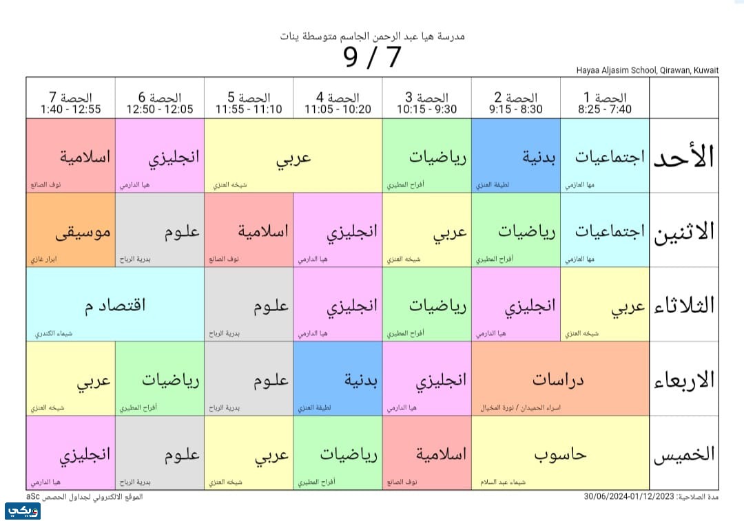 جدول حصص هيا الجاسم المتوسطة للبنات الصف التاسع