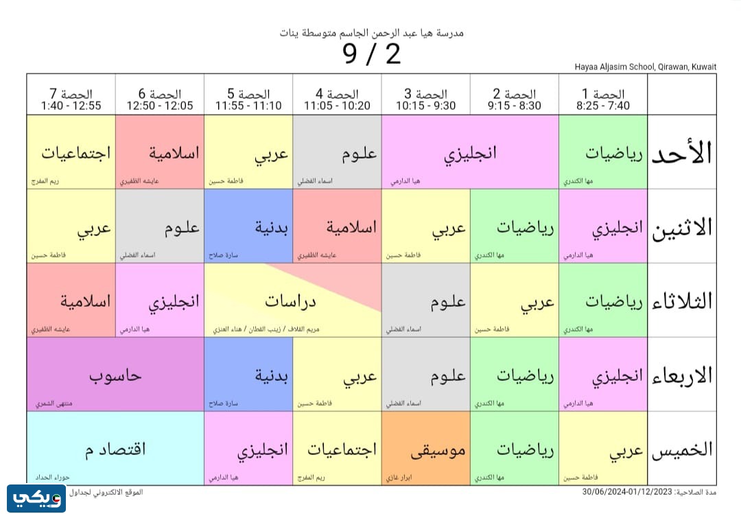 جدول حصص هيا الجاسم المتوسطة للبنات الصف التاسع