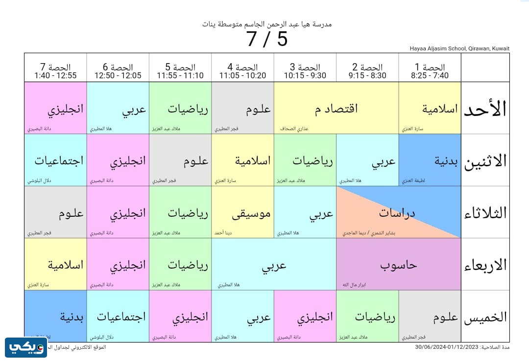 جدول حصص هيا الجاسم المتوسطة للبنات الصف السابع