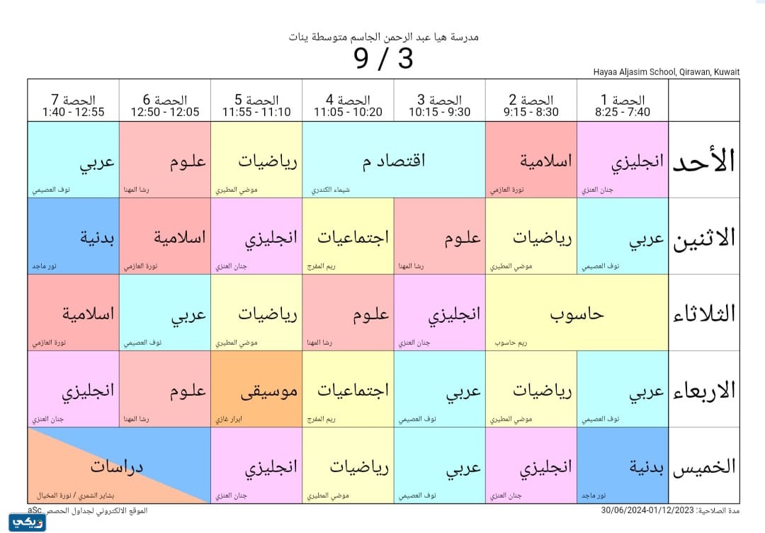 جدول حصص هيا الجاسم المتوسطة للبنات الصف التاسع