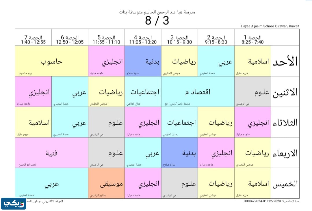جدول حصص هيا الجاسم المتوسطة للبنات الصف الثامن