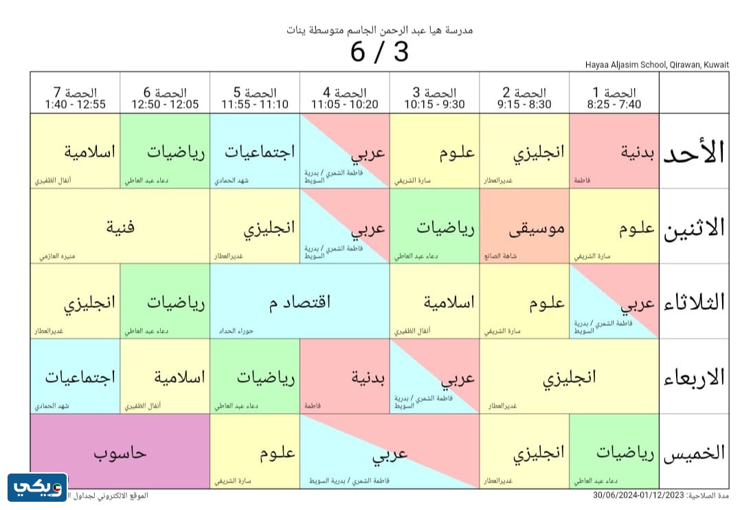 جدول حصص هيا الجاسم المتوسطة للبنات الصف السادس