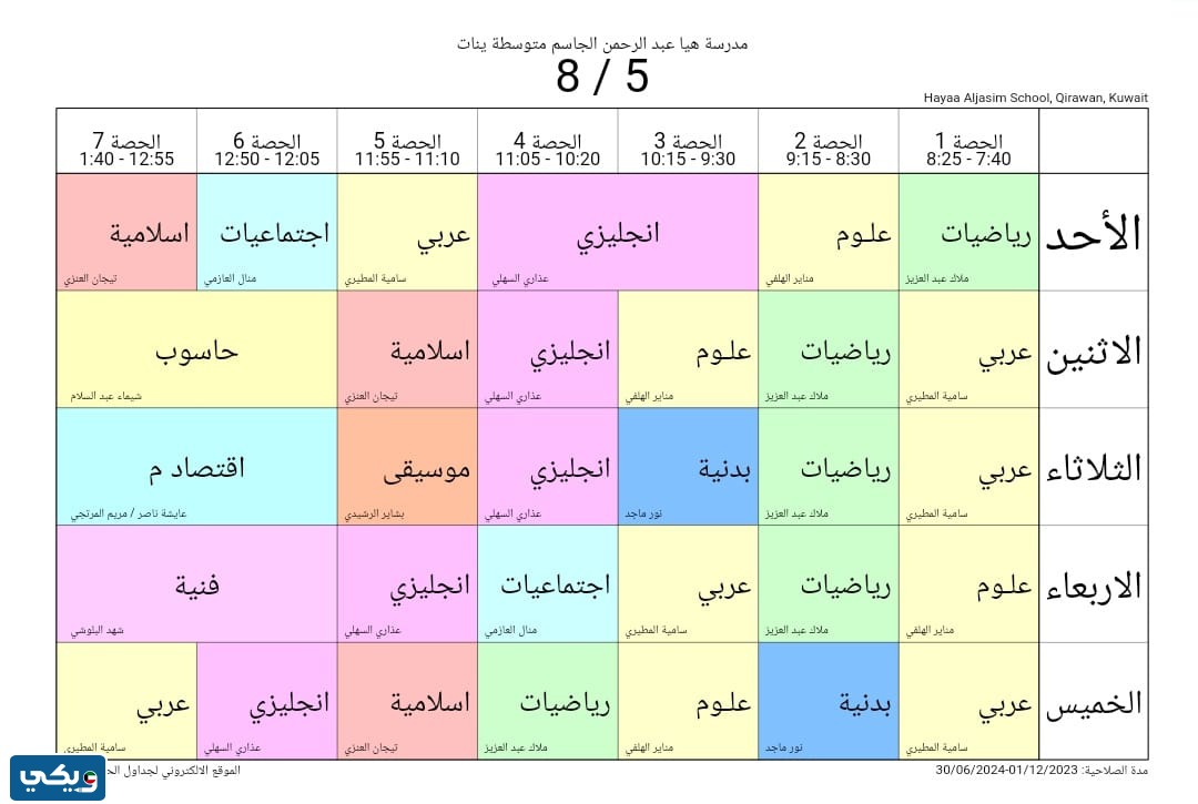 جدول حصص هيا الجاسم المتوسطة للبنات الصف الثامن