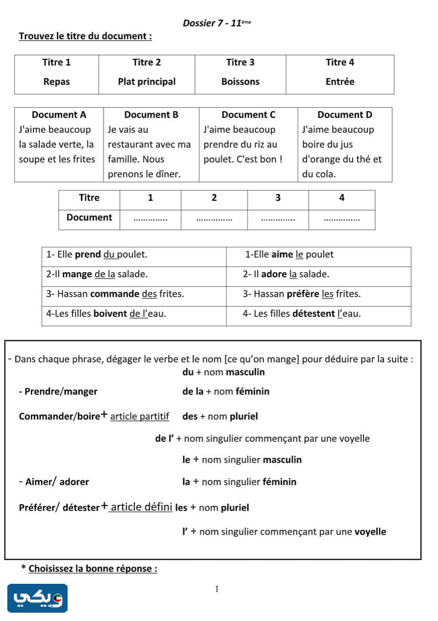 حل كتاب الفرنسي الصف الحادي عشر dossier 7