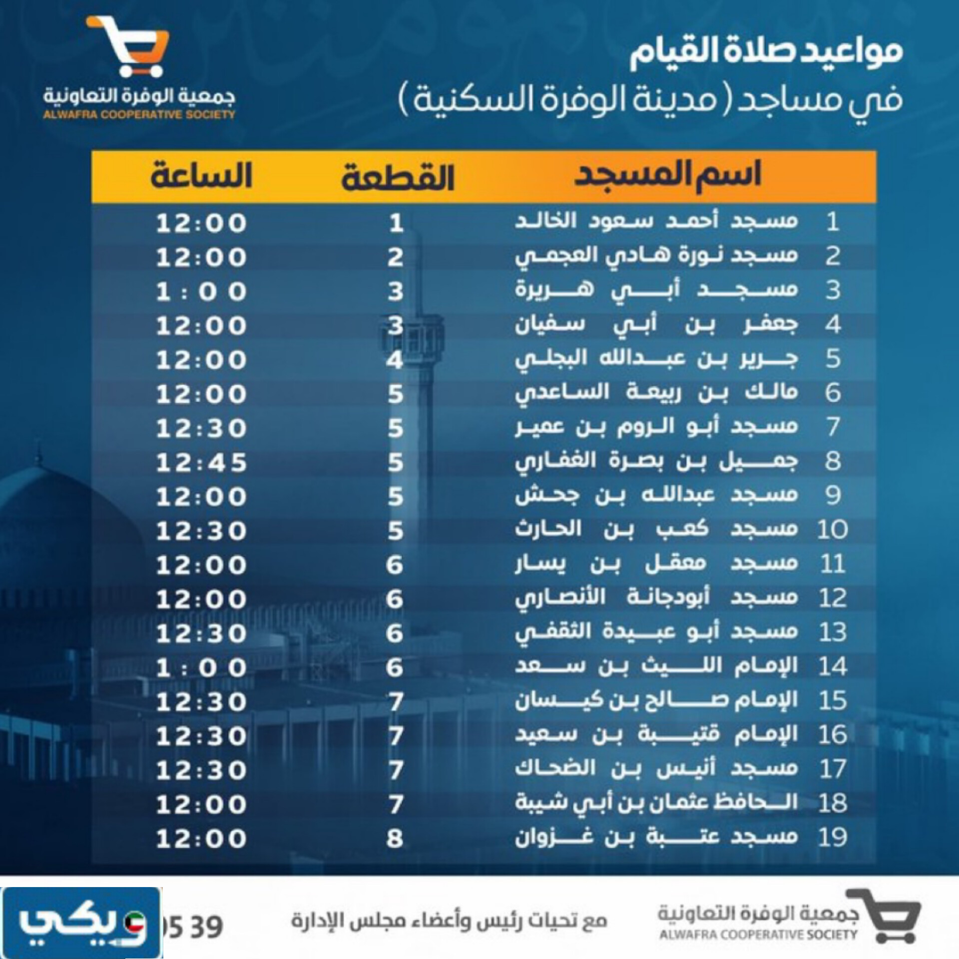 أوقات صلاة القيام في مساجد مدينة الوفرة السكنية